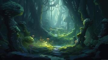 Deep Forest Fantasy Backdrop Concept Art Realistic Illustration Background with