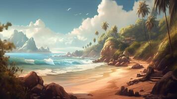 Beach Fantasy Backdrop Concept Art Realistic Illustration Background with photo