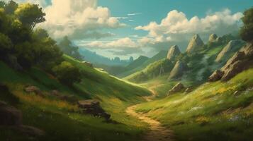 Hill Fantasy Backdrop Concept Art Realistic Illustration Background with photo