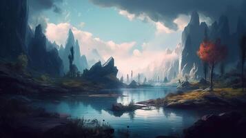 Lake Fantasy Backdrop Concept Art Realistic Illustration Background with photo