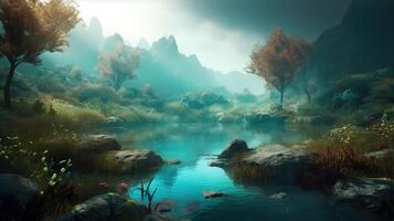 Lake Fantasy Backdrop Concept Art Realistic Illustration Background with photo