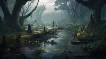 Swamp Fantasy Backdrop Concept Art Realistic Illustration Background with photo