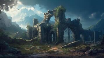 Ruin Building Fantasy Backdrop Concept Art Realistic Illustration Background with photo