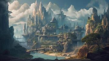 City Fantasy Backdrop Concept Art Realistic Illustration Background with photo