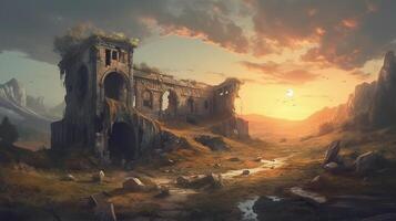 Ruin Building Fantasy Backdrop Concept Art Realistic Illustration Background with photo