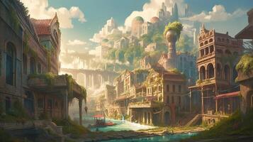 City Fantasy Backdrop Concept Art Realistic Illustration Background with photo