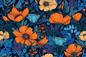 Vibrant Blue Flowers Illustration Seamless Pattern with