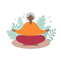 Senior woman sits cross-legged and meditates. Old woman makes morning yoga or breathing exercises. vector