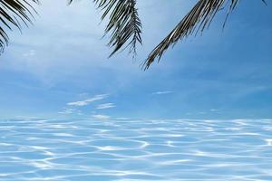Defocus blurred transparent blue sea and sky. water surface texture with splashes and bubbles. Trendy abstract nature background. Water waves in sunlight with copy space. Blue water shine photo