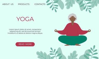 Banner template with senior woman doing yoga or breathing exercises. vector