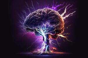 Brain blast, neon glowing brain with lightning bolts against a black background. Brainstorm, brain activity. photo