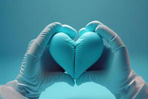 el médico es participación un azul corazón con su manos. generativo ai foto
