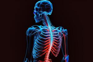 Human skeleton with spine illuminated by red and blue neon lights. photo