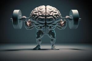 Human brain made of steel lifting a heavy dumbbell. Mind training concept. photo