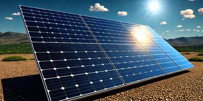 The solar panel is set outside against a background of sky with clouds. photo