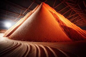 Potash, minerals are stored in a large pile in the warehouse and ready for shipment. photo