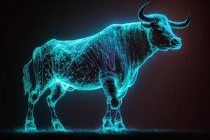 Bull stock exchange. glowing neon bull against the background of stock exchange charts and quotes. Black background. photo