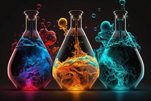 Chemical flasks with colored liquids on a black background. photo