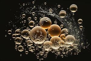 Golden Air Bubbles in water, black background. photo
