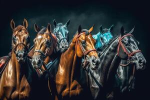 un manada de caballos de diferente colores en un negro antecedentes. generativo ai foto