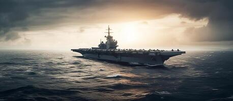 A warship, an aircraft carrier carrying warplanes on the high seas. A military air force. photo