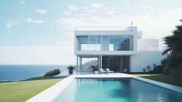 Design, Contemporary white home with panoramic windows and pool, with a backyard overlooking the ocean. photo