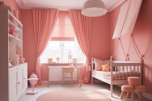 moderno diseño de un niño habitación para un pequeño niña en rosado. generativo ai foto