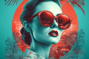 Portrait of a sexy girl wearing red sunglasses in retro style, red-green tones background. photo