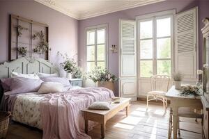 interior de un lujoso dormitorio en el estilo de provenza, rosado y púrpura tonos generativo ai foto