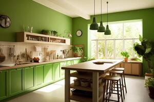 Modern kitchen interior, kitchen room with a table in the middle in green brown. photo