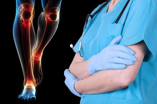 Knee injury. X-ray of a person's leg with illuminated area of the meniscus of the knee against the background of the doctor. Recommendations of the doctor, poster. photo