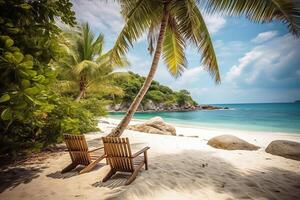 Caribbean beach, two wooden deck chairs under the shade of a palm tree on the beach. photo