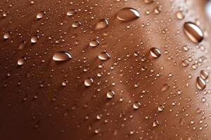 gotas de agua en un mujer bronceado piel. antecedentes. generativo ai foto
