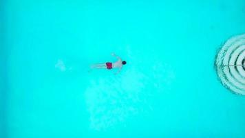 vue de le Haut comme une homme sauter et plongées dans le bassin et nage en dessous de le l'eau video