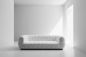 White sofa in a white room with a minimal modern design in white tones. Generative AI. photo