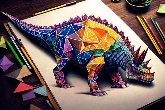 The dinosaur is drawn on a sheet of white paper in Low Poly style, in coloured triangles. Kid's drawing with crayons. photo