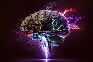 Brain blast, neon glowing brain with lightning bolts against a black background. Brainstorm, brain activity. photo