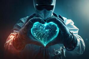 doctor, manos en médico azul guantes formar el forma de un corazón. nosotros amor tú. generativo ai foto