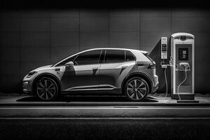 eléctrico coche en el estacionamiento lote con cargador. ev coche. generativo ai foto