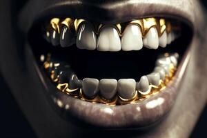 Open mouth in silver with gold teeth. photo