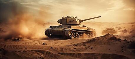 armored tank crossing a minefield during a military invasion epic scene of fire and some in the desert, wide poster design. photo