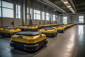 Robot army efficiently sorts hundreds of parcels per hour, automated guided vehicle, AGV. photo