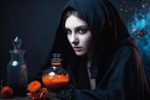 un bruja, un hermosa niña en un negro capa con un capucha es preparando un amor poción. generativo ai foto