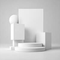 Abstract 3d render white podium background. Simple and minimal platform with space for product presentation or advertising concept. Modern empty display stage. Free realistic scene by . photo