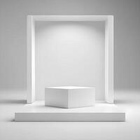 Abstract 3d render white podium background. Simple and minimal platform with space for product presentation or advertising concept. Modern empty display stage. Free realistic scene by . photo