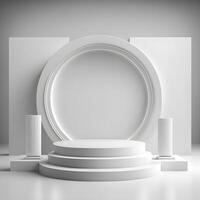 Abstract 3d render white podium background. Simple and minimal platform with space for product presentation or advertising concept. Modern empty display stage. Free realistic scene by . photo