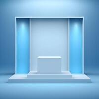 Trendy abstract 3d render podium. Stylish platform with space for product presentation or advertising concept. Modern empty display stage with blue background. Free realistic scene by . photo