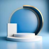 Abstract 3d render white podium. Stylish style platform with space for product presentation or advertising concept. Empty display stage with blue background. Free realistic scene by . photo