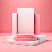 Abstract 3d render podium or platform with space for product presentation or advertising concept. Empty display stage with pink background. Free realistic geometric illustration scene by . photo