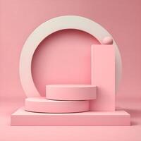 Abstract 3d render podium or platform with space for product presentation or advertising concept. Empty display stage with pink background. Free realistic geometric illustration scene by . photo